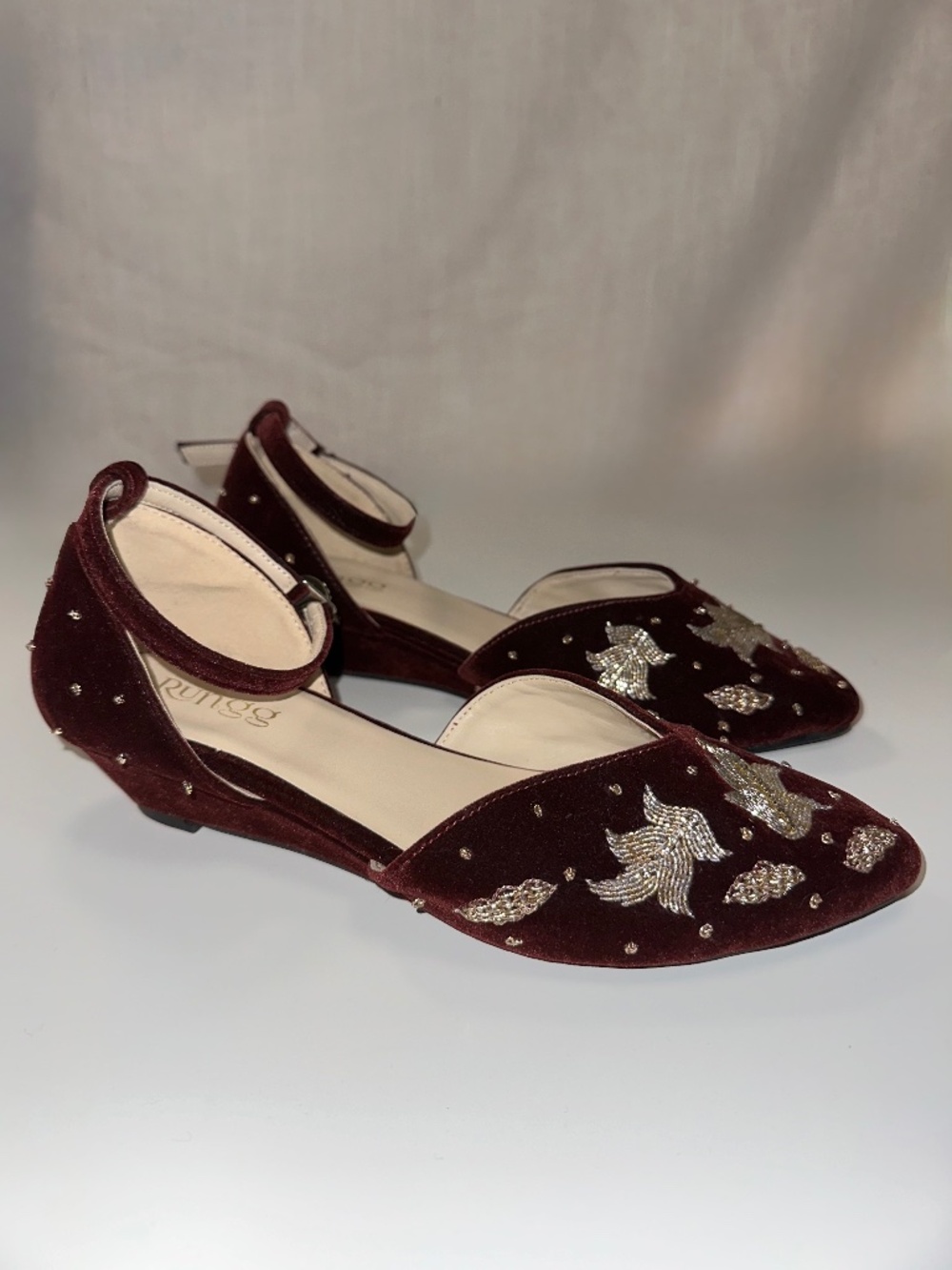 Burgundy Velvet Gold Embroidered Beaded Handmade Wedges by Rungg size 39